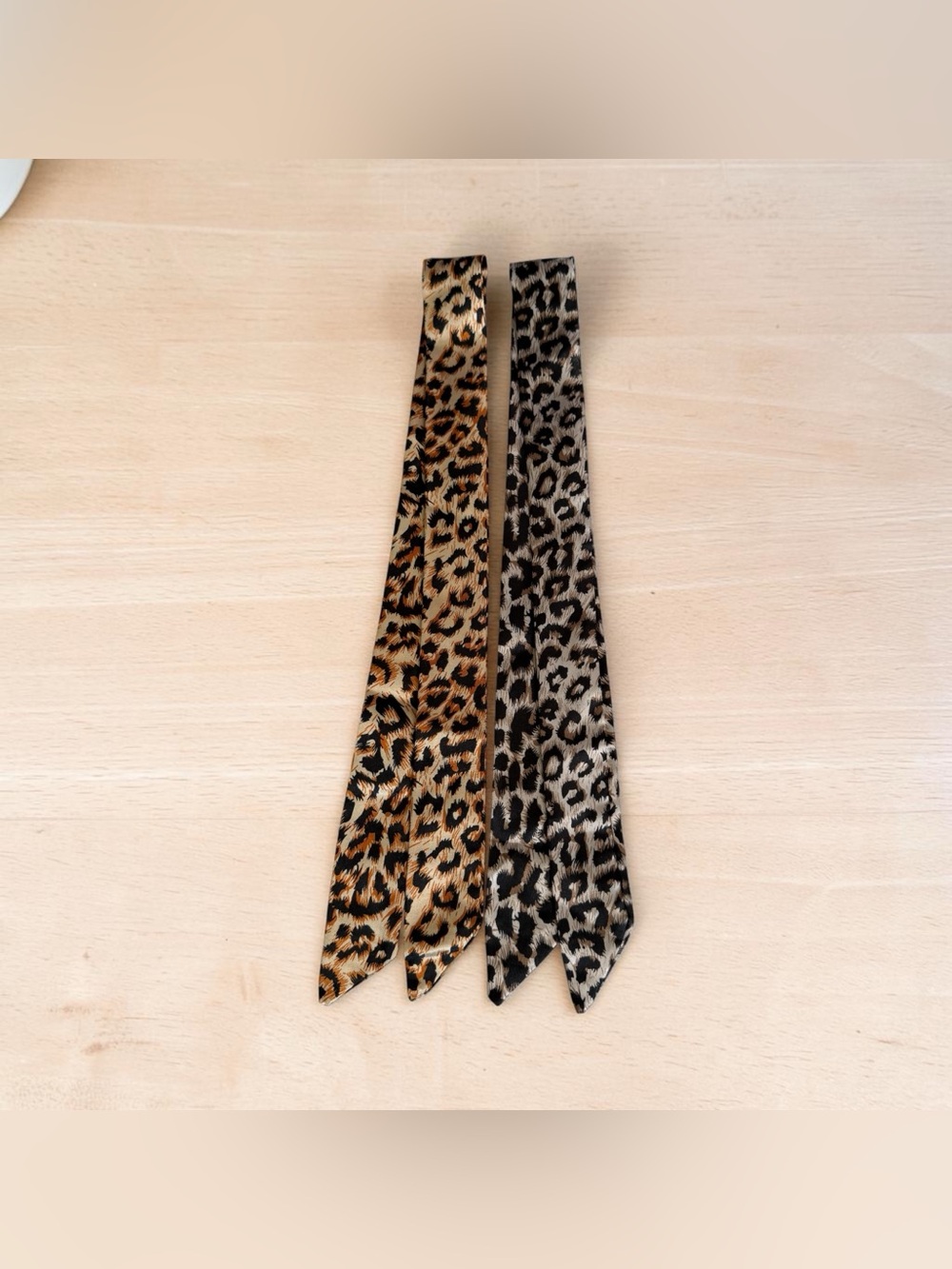 Leopard Print Twilly Scarf Hair Satin Silky Soft Brown and Gray Tones Set of 2
